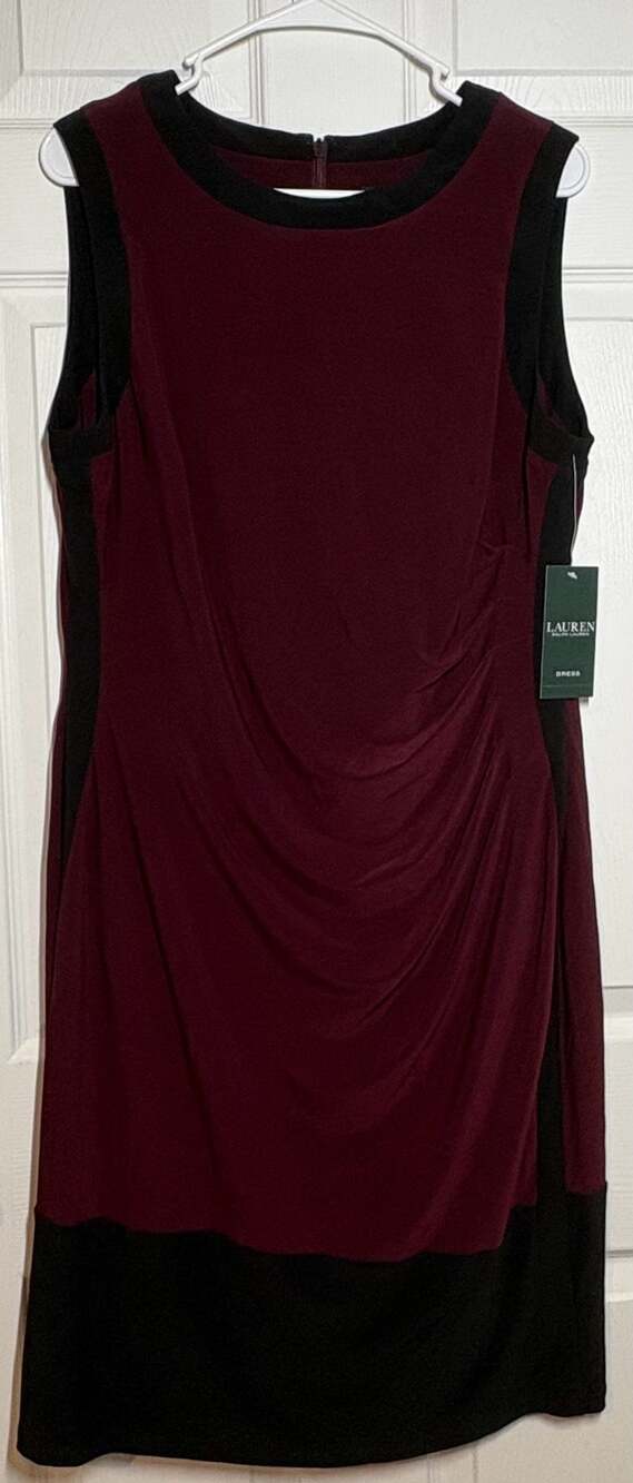 Lauren Ralph Lauren Sleeveless Ruched Jersey Dress in Wine and Black, Size 16